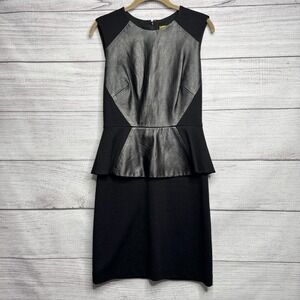 Nicole Miller Peplum Sheath Dress 100% Black Leather‎ Front Cap Sleeve Size 4